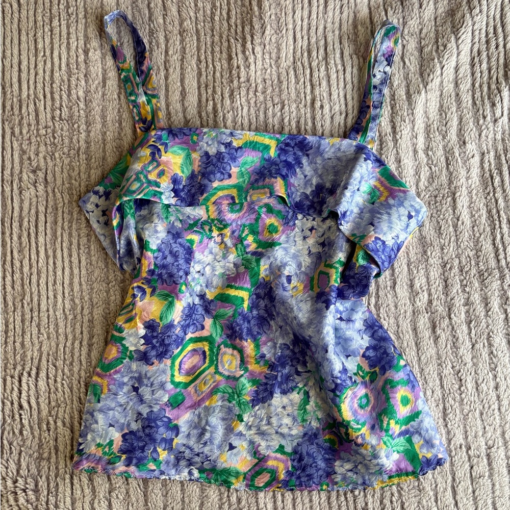 Vintage Silk Vibrant Tank Top Floral Boho Size Large Summer Vacation Going Out